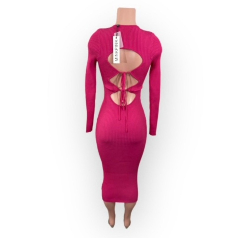 NWT MINKPINK Alba Midi Dress Size M PINK Ribbed Knit Long Sleeve Cut Out Back